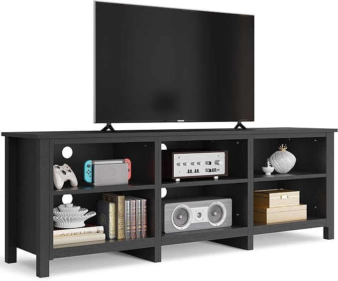 YITAHOME Modern TV Stand for TV up to 80/75/70/65 Inch, Classic Detachable 6 Cubby Media Entertainment Center Console Table with 6 Open Storage Shelves & Cabinets for Living Room, 69'', Black - LeafyLoom