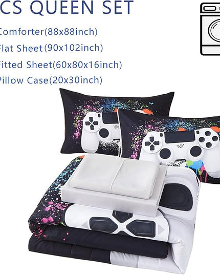 KAKKI 5 Piece Boys Queen Gamer Comforter Set with Sheets, 3D Colorful Video Game Controller Comforter for Kids Teen, All Season Soft Microfiber Gaming Bedding Set(White,Queen) - LeafyLoom