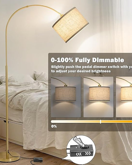 Gold Arc Floor Lamp, Dimmable Floor Lamp for Living Room, Mordern Standing Lamp with Adjustable Lamp Head, Tall Pole Lamp Over Couch Arched Light for Reading, Bedroom, Office, 9W LED Bulb Included - LeafyLoom