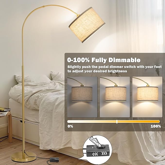Gold Arc Floor Lamp, Dimmable Floor Lamp for Living Room, Mordern Standing Lamp with Adjustable Lamp Head, Tall Pole Lamp Over Couch Arched Light for Reading, Bedroom, Office, 9W LED Bulb Included - LeafyLoom