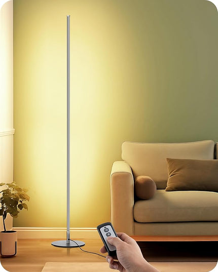 EDISHINE LED Corner Floor Lamp with Remote, 57.5" Minimalist Dimmable Slim Light Pole, Standing Tall Mood Lamp for Living Room, Bedroom, Office, 3000K Warm White Light (Silver) - LeafyLoom