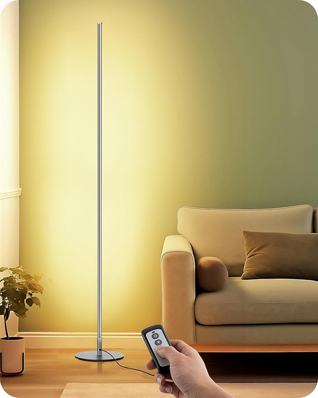 EDISHINE LED Corner Floor Lamp with Remote, 57.5" Minimalist Dimmable Slim Light Pole, Standing Tall Mood Lamp for Living Room, Bedroom, Office, 3000K Warm White Light (Silver) - LeafyLoom