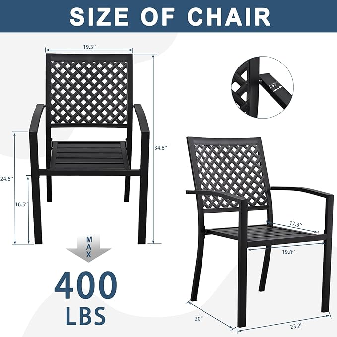 3 Piece Iron Bistro Set Stackable Outdoor Patio Furniture Set with 2 Large Comfortable Porch Chairs and Metal Coffee Table, Black - LeafyLoom