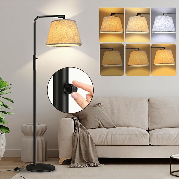 Floor Lamp with 3 Color Temperatures for Living Room Bedroom Office, Arc Modern Standing Lamp Tall Bright Corner Floor Lamp with Shade, Stepless Adjustable 3000K-6500K Colors, 9W LED Bulb - LeafyLoom