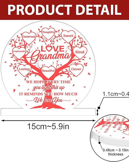 Grandma Gifts from Grandchildren, Grandma Acrylic Night Light Gift from Grandkids Grandson Granddaughter on Birthday Mothers Day Thanksgiving Christmas Bedroom Table Décor, 3D Illusion Lamp - LeafyLoom