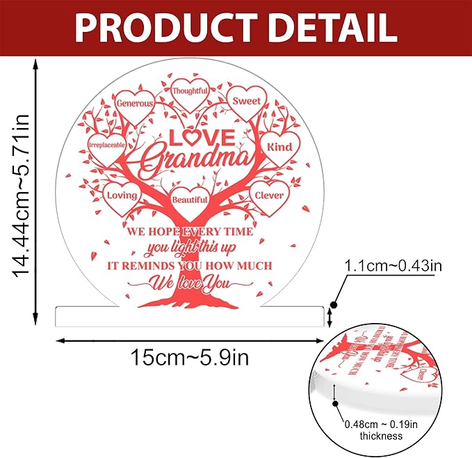 Grandma Gifts from Grandchildren, Grandma Acrylic Night Light Gift from Grandkids Grandson Granddaughter on Birthday Mothers Day Thanksgiving Christmas Bedroom Table Décor, 3D Illusion Lamp - LeafyLoom
