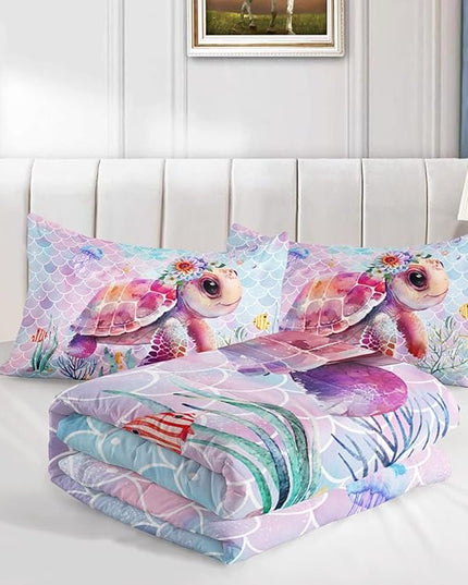 Axolotl Turtle Bedding Set Twin,Colorful Underwater World Comforter Set for Kids Boys Girls Teens,Ocean Comforter Set with Jellyfish,Kids Bedding Set Print Colorful Fish Scales,1 Quilt 2 Pillowcases - LeafyLoom