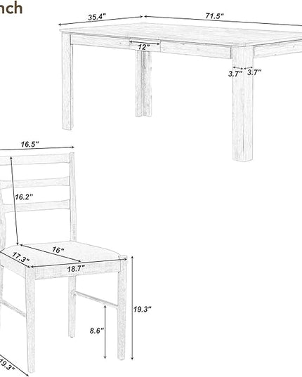 7-Piece Wooden Dinette Sets Mutifunctional Extendable Kitchen Dining Table with 12" Leaf and 2 Drawers, 6 Chairs w/Soft Cushion, for Diningroom Living Room, Easy to Assemble, Natural Wood Wash - LeafyLoom