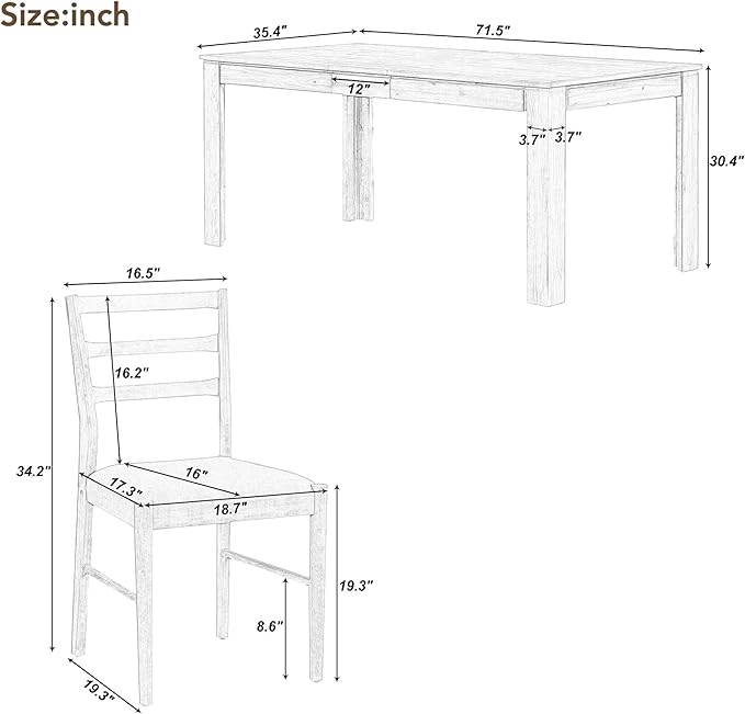 7-Piece Wooden Dinette Sets Mutifunctional Extendable Kitchen Dining Table with 12" Leaf and 2 Drawers, 6 Chairs w/Soft Cushion, for Diningroom Living Room, Easy to Assemble, Natural Wood Wash - LeafyLoom