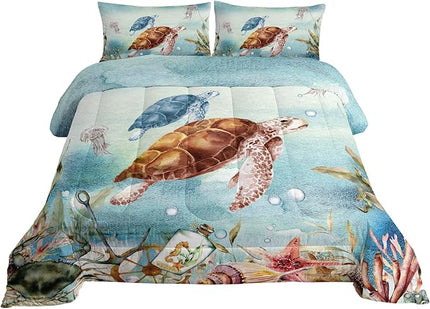 Datura home Sea Turtle Bedding Comforter Set for Boys Girls Teens Children Adults,Watercolor Sea Creatures Blue Ocean Theme Bedding Set with 1 Comforter and 2 Pillowcases(Turtle Queen) Blue Turtle - LeafyLoom