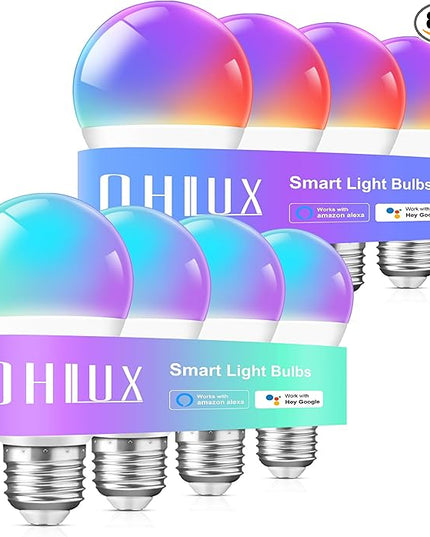 Smart Light Bulbs 8Pack,100W Equivalent Smart Bulb Work with Alexa Google Assistant, RGB Color Changing WiFi Bulb, Music Synic 2.4GHz WiFi & Bluetooth Multicolor A19 E26 110V Dimmable Light Bulbs OHLUX-YourIndoorOutdoorSpaceLightingPartner
