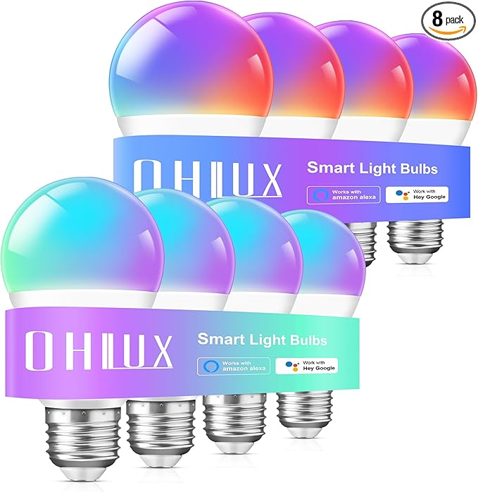 Smart Light Bulbs 8Pack,100W Equivalent Smart Bulb Work with Alexa Google Assistant, RGB Color Changing WiFi Bulb, Music Synic 2.4GHz WiFi & Bluetooth Multicolor A19 E26 110V Dimmable Light Bulbs OHLUX-YourIndoorOutdoorSpaceLightingPartner