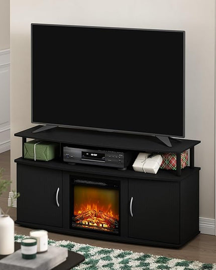 Furinno Jensen Living Room Fireplace TV Entertainment Center with Doors Storage Cabinet for TV up to 55 Inch, Americano/Black - LeafyLoom