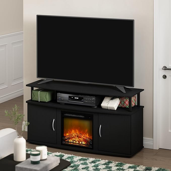 Furinno Jensen Living Room Fireplace TV Entertainment Center with Doors Storage Cabinet for TV up to 55 Inch, Americano/Black - LeafyLoom
