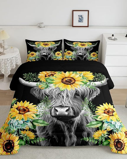 Highland Cow Bedding Set Kids Sunflower Floral Western Cow Bull Comforter Set for Girls Teens Farmhouse Wildlife Animal Comforter Black Duvet Set Room Decor Quilt Set Twin Size - LeafyLoom