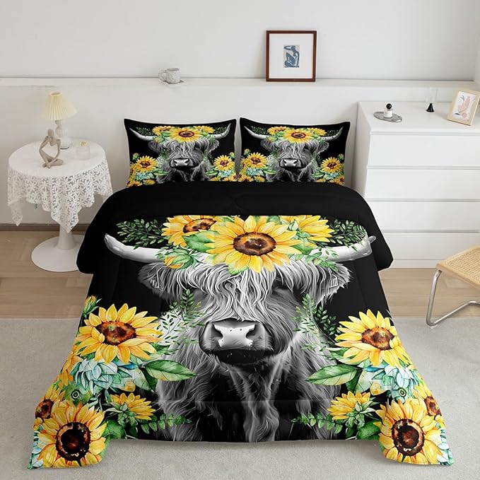 Highland Cow Bedding Set Kids Sunflower Floral Western Cow Bull Comforter Set for Girls Teens Farmhouse Wildlife Animal Comforter Black Duvet Set Room Decor Quilt Set Twin Size - LeafyLoom