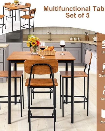 GOFLAME 5-Piece Dining Table Set for Small Space, Kitchen Table and Chairs Set for 4 with Steel Frame, Square Breakfast Table Set, Industrial Counter Height Table Set for Home, Restaurant & Cafe, Teak - LeafyLoom