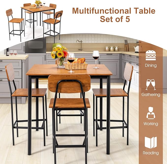 GOFLAME 5-Piece Dining Table Set for Small Space, Kitchen Table and Chairs Set for 4 with Steel Frame, Square Breakfast Table Set, Industrial Counter Height Table Set for Home, Restaurant & Cafe, Teak - LeafyLoom