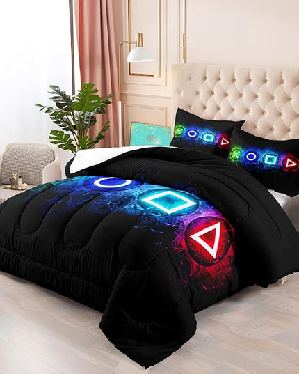 Gaming Comforter Sets for Boys, Gamer Bedding Sets for Boys Queen Size, Black Gaming Gamepad Soft Kids Comforter Sets Boys Bedroon, 1 Comforter and 2 Pillowcases - LeafyLoom