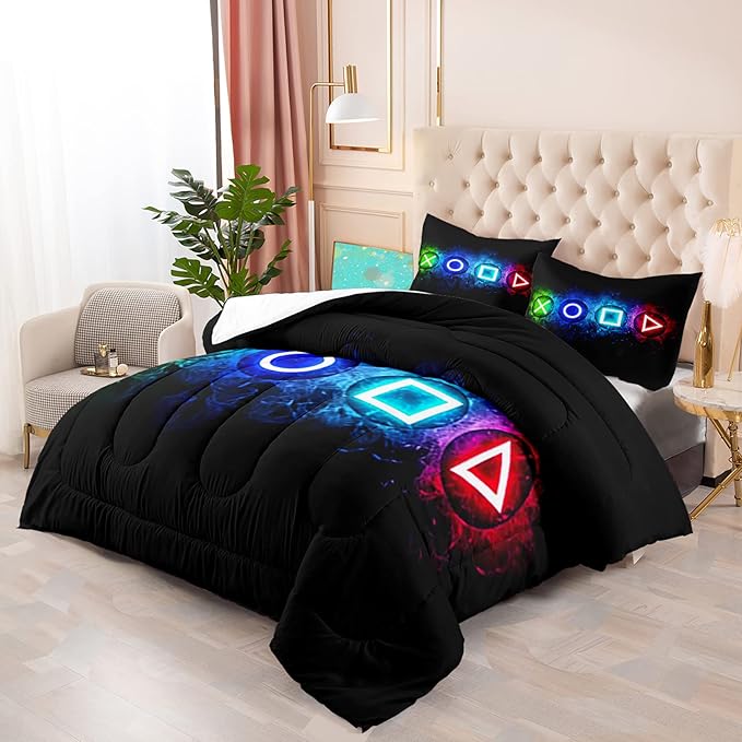 Gaming Comforter Sets for Boys, Gamer Bedding Sets for Boys Queen Size, Black Gaming Gamepad Soft Kids Comforter Sets Boys Bedroon, 1 Comforter and 2 Pillowcases - LeafyLoom
