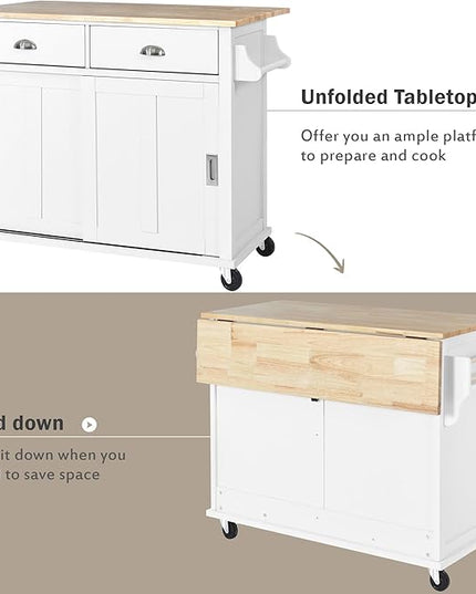 Kitchen Cart with Rubber Wood Drop-Leaf Countertop and Sliding Barn Door, Rolling Mobile Kitchens Island on Wheels w/Storage and Towel Rack for Dining Room Kitchen - LeafyLoom
