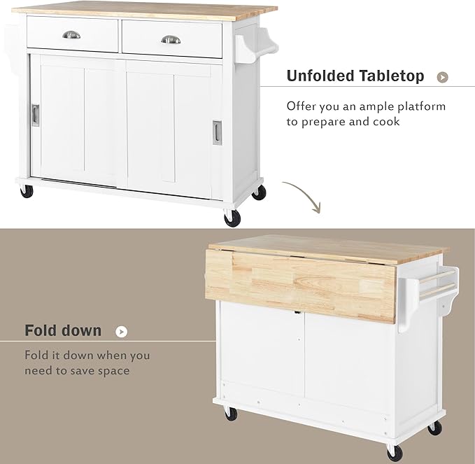 Kitchen Cart with Rubber Wood Drop-Leaf Countertop and Sliding Barn Door, Rolling Mobile Kitchens Island on Wheels w/Storage and Towel Rack for Dining Room Kitchen - LeafyLoom