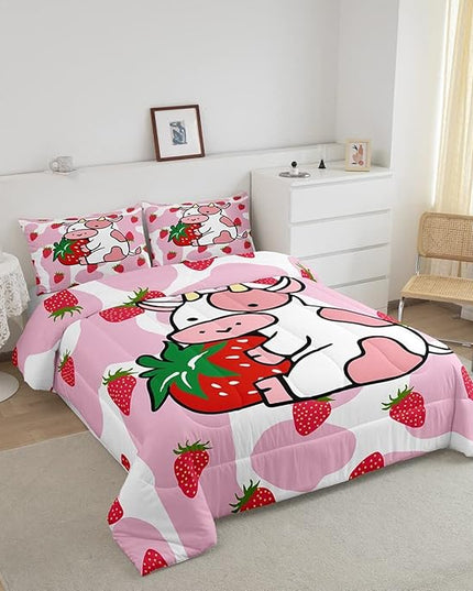 Feelyou Milk Cow Comforter Pink White Cow Strawberry Pattern Comforter Set Bedding Set for Kids Adults Kawaii Girls Milk Cow Print Duvet Set Ultra Soft Room Decor Queen Size Quilt Set - LeafyLoom