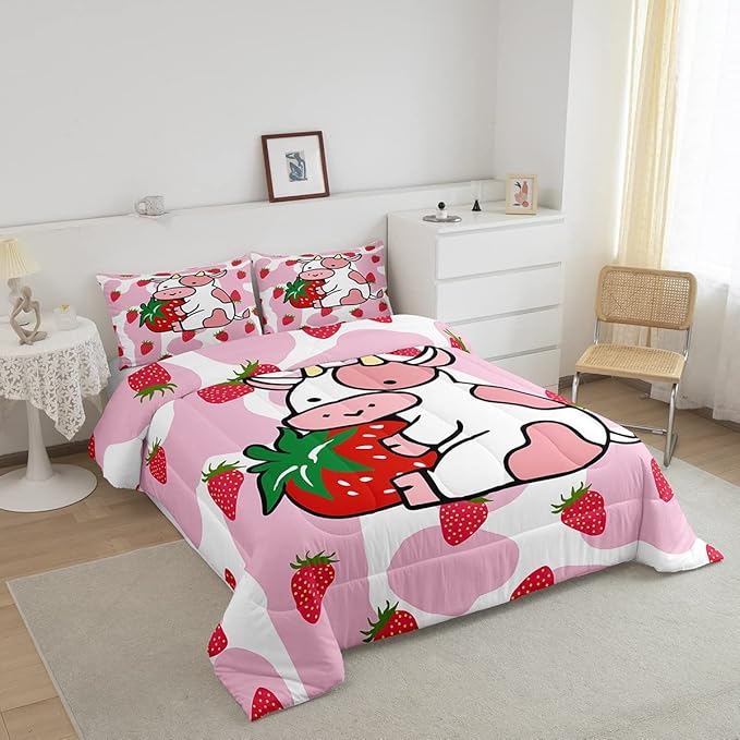 Feelyou Milk Cow Comforter Pink White Cow Strawberry Pattern Comforter Set Bedding Set for Kids Adults Kawaii Girls Milk Cow Print Duvet Set Ultra Soft Room Decor Queen Size Quilt Set - LeafyLoom