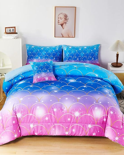 URBONUR 6Pcs Mermaid Comforter Set Queen for Girls Glitter Fish Scales Printed Bedding Set on Gradient Pink Purple Blue Soft & Fluffy Girls Bed Set with Sheets for Queen Bed - LeafyLoom