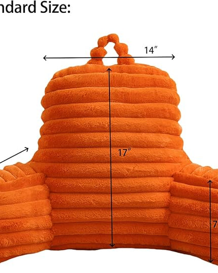 WERDIM Reading Pillow for Sitting in Bed, Faux Fur Back Pillow for Bed Rest, Bed Chair Pillow with Arms and Pockets(Standard, Orange) - LeafyLoom