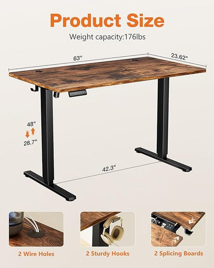 Sweetcrispy Standing Desk Adjustable Height, 63inch Electric Sit Stand up Desk for Home Office, Modern Rising Work Table for Computer Laptop, Lift Gaming Desk Sturdy Ergonomic Workstation, Rust Brown - LeafyLoom