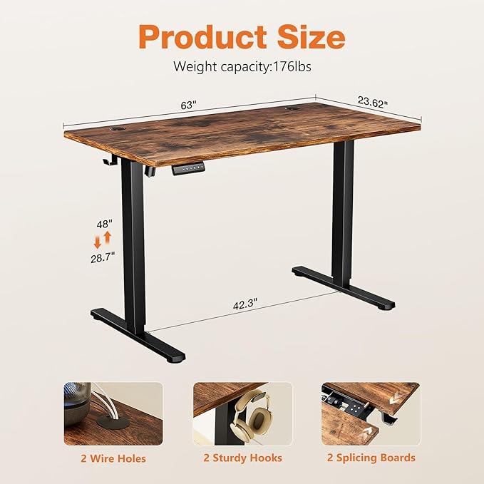 Sweetcrispy Standing Desk Adjustable Height, 63inch Electric Sit Stand up Desk for Home Office, Modern Rising Work Table for Computer Laptop, Lift Gaming Desk Sturdy Ergonomic Workstation, Rust Brown - LeafyLoom