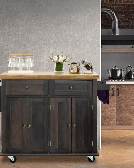 NSdirect Kitchen Island Cart,Kitchen Bar&Serving Cart Rolling on Wheels with Spice Rack Towel Holder Utility Storage Trolley with Storage Drawers for Home Hotel Kitchen Dinning Room (Dark Brown) - LeafyLoom