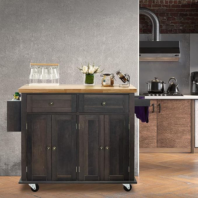 NSdirect Kitchen Island Cart,Kitchen Bar&Serving Cart Rolling on Wheels with Spice Rack Towel Holder Utility Storage Trolley with Storage Drawers for Home Hotel Kitchen Dinning Room (Dark Brown) - LeafyLoom