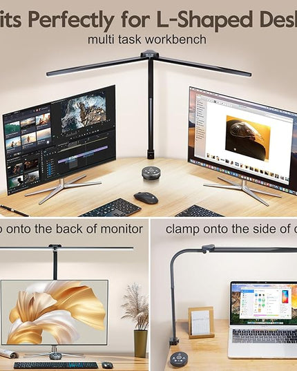 Brightown LED Desk Lamp for Office Home, 24W Double Head Architect Desk Lamp with Clamp, Remote Control, Hand Sweep Switch, Stepless Lighting, Flexible Gooseneck Dimming Table Light - LeafyLoom