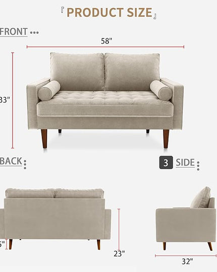 Velvet Furniture for Small Spaces, Mid-Century Modern Loveseats for Living Room, Love Seat Couch Sofas, 58 Inches, Beige - LeafyLoom