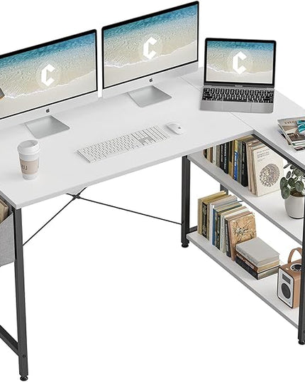CubiCubi L Shaped Desk, 55 Inch Computer Desk with Reversible Storage Shelves Home Office Corner Desk Study Writing Table, White Top/Black Leg - LeafyLoom