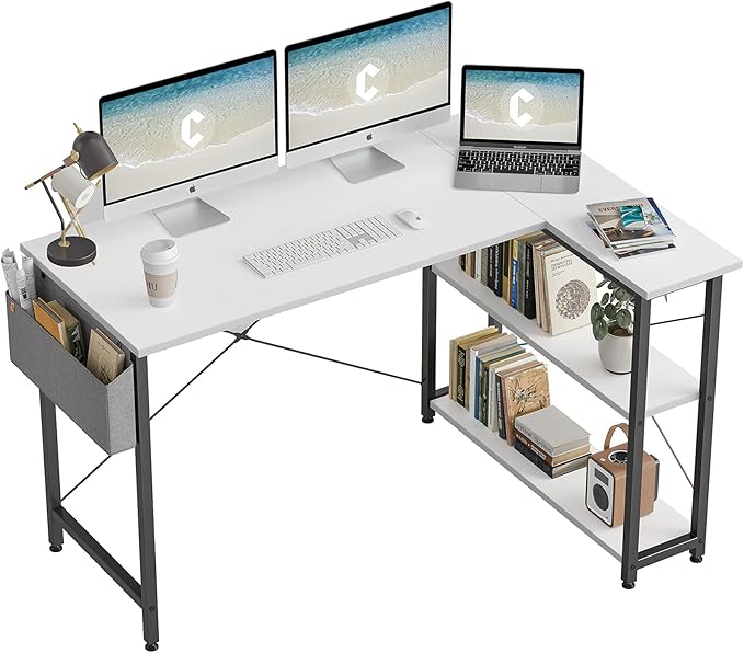 CubiCubi L Shaped Desk, 55 Inch Computer Desk with Reversible Storage Shelves Home Office Corner Desk Study Writing Table, White Top/Black Leg - LeafyLoom