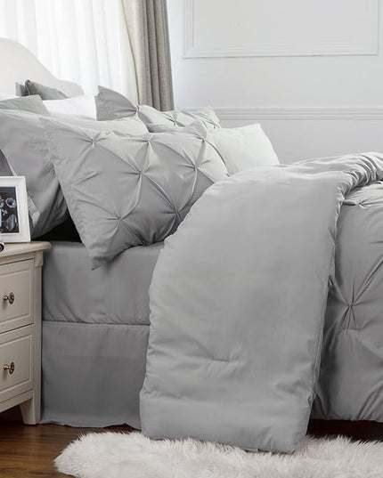 Bedsure Queen Comforter Set - Bed in a Bag Queen 7 Pieces, Pintuck Bedding Sets Grey Bed Set with Comforter, Sheets, Pillowcases & Shams - LeafyLoom