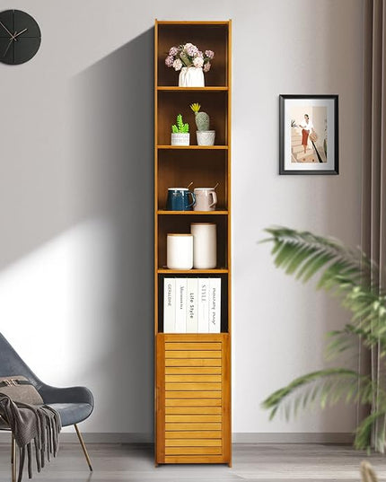 MoNiBloom Tall 7 Tier Bookcase with Door, Bamboo Freestanding Display Storage Cabinet Shelves Collection Decor Furniture for Home Living Room Bedroom, Brown - LeafyLoom
