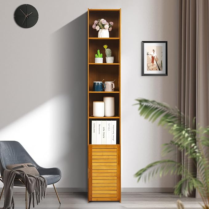 MoNiBloom Tall 7 Tier Bookcase with Door, Bamboo Freestanding Display Storage Cabinet Shelves Collection Decor Furniture for Home Living Room Bedroom, Brown - LeafyLoom