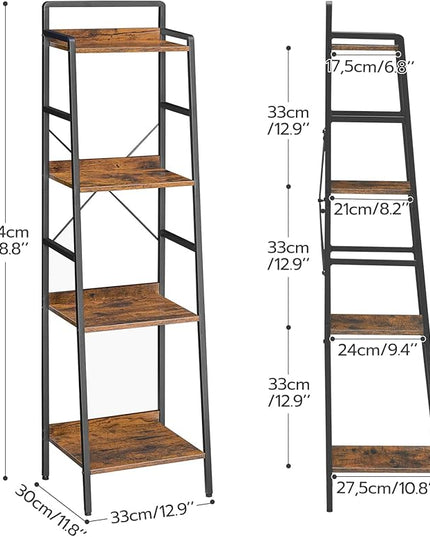HOOBRO Bookcase, 4-Tier Narrow Bookshelf, Industrial Ladder Shelf, Skinny Bookshelf for Small Spaces, Corner Storage Shelf for Home Office, Living Room, Rustic Brown and Black BF34SJ01 - LeafyLoom