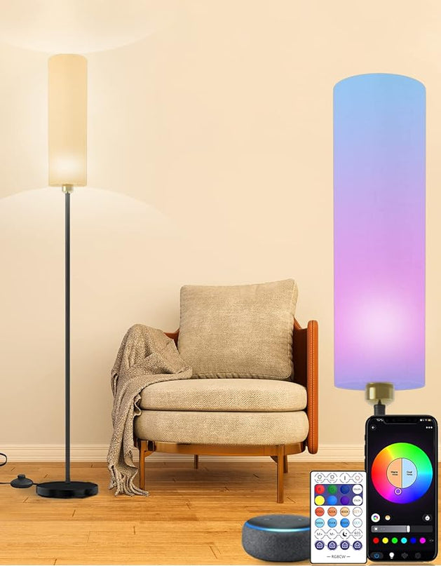 Smart Floor Lamp Works with Alexa & Google Home, Color Changing Stepless Dimmable for Living Room, Modern Standing WiFi Lamps with Remote, Minimalist Pole Lamp Tall Lights for Bedroom, Office-Black - LeafyLoom