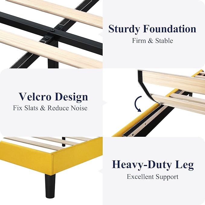 Allewie Full Size Bed Frame, Platform Bed Frame with Upholstered Headboard, Modern Deluxe Wingback, Wood Slat Support, Mattress Foundation, Light Yellow - LeafyLoom