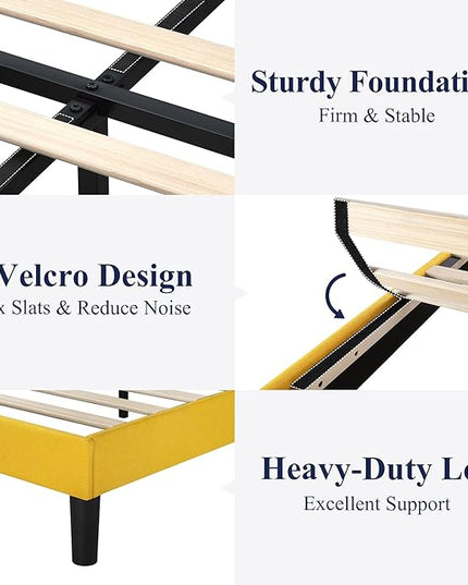 Allewie Queen Bed Frame, Platform Bed Frame Queen Size with Upholstered Headboard, Modern Deluxe Wingback, Wood Slat Support, Mattress Foundation, Light Yellow - LeafyLoom