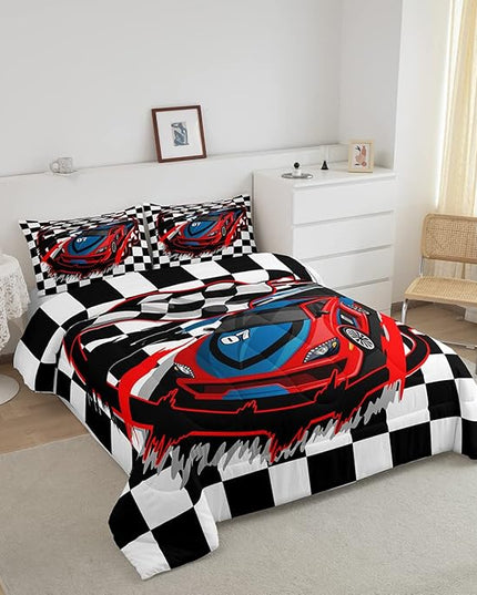 Red Race Car Bedding Set Twin Size Cool Racing Car Comforter Set Competition Extreme Sports Game Down Comforter For Kids Boys Girls Teens Bedroom Decor Plaid Pattern Duvet Insert With 1 Pillowcase - LeafyLoom