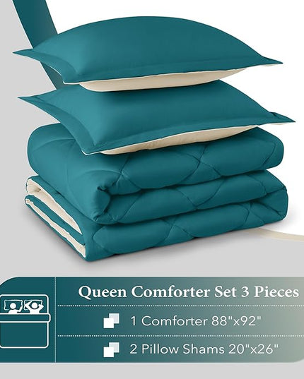 downluxe Queen Comforter Set - Teal Blue and White Queen Comforter, Soft Bedding Sets for All Seasons -3 Pieces - 1 Comforter (88"x92") and 2 Pillow Shams(20"x26") - LeafyLoom