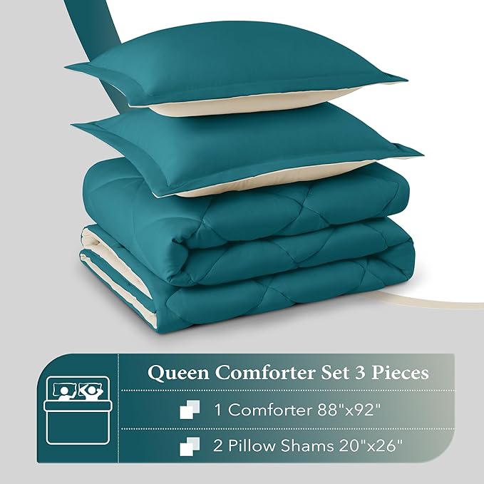 downluxe Queen Comforter Set - Teal Blue and White Queen Comforter, Soft Bedding Sets for All Seasons -3 Pieces - 1 Comforter (88"x92") and 2 Pillow Shams(20"x26") - LeafyLoom