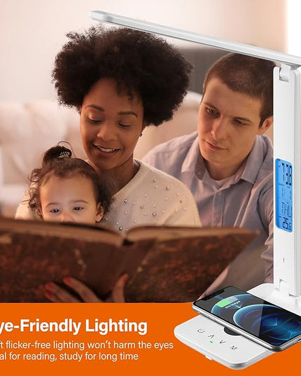 poukaran LED Desk Lamp with Wireless Charger, USB Charging Port, Office Table Lamp with Clock, Alarm, Date, Temperature for Home Office, White - LeafyLoom