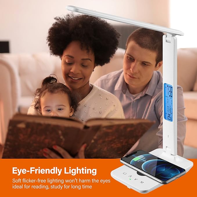 poukaran LED Desk Lamp with Wireless Charger, USB Charging Port, Office Table Lamp with Clock, Alarm, Date, Temperature for Home Office, White - LeafyLoom